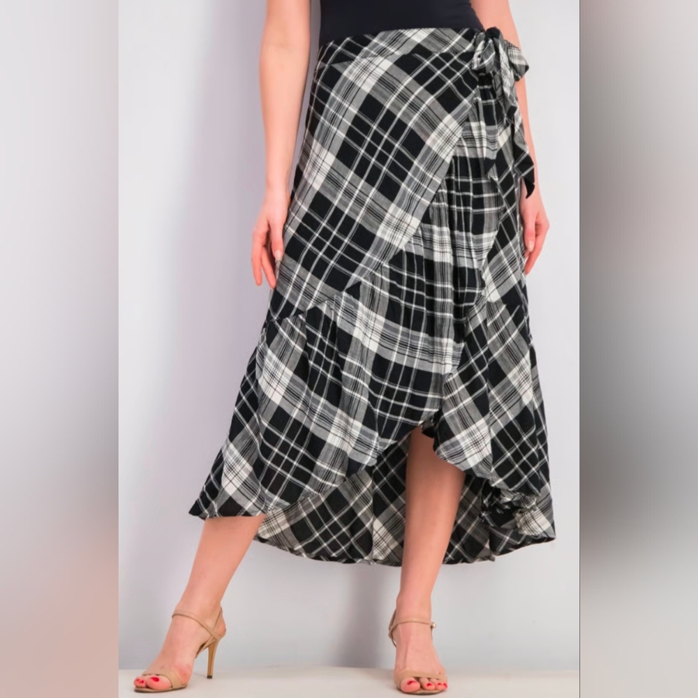 Lauren Ralph Lauren Plaid Linen Blend Faux Wrap Ruffle Skirt Sz 6